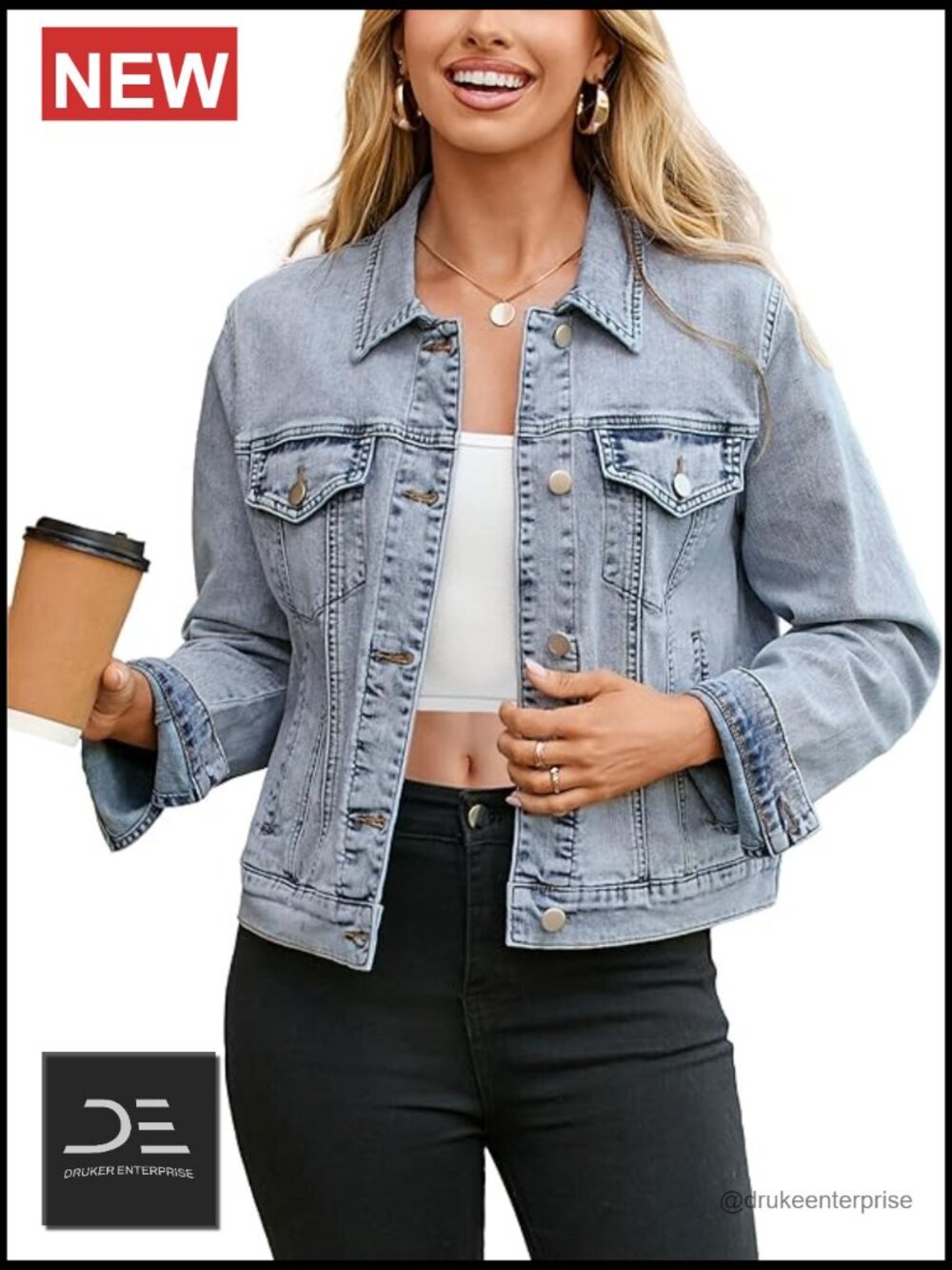 Womens Jean Jacket Denim Jacket Button Down Long Sleeve Fitted Western Coat